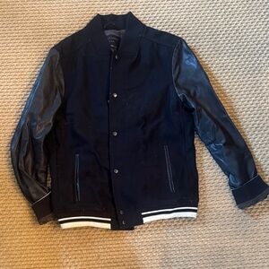 AllSaints Black Wool Bomber Jacket with Leather Sleeves